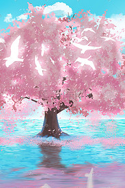 樱花树下白鸽飞舞
