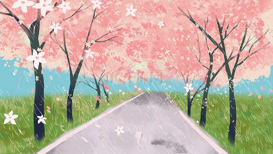 雨花瓣插画图片_雨中的樱花树浪漫