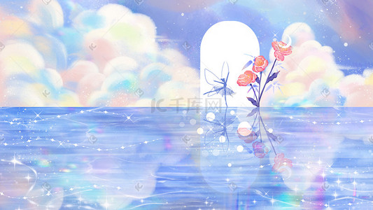 芭蕾舞皇冠插画图片_清新风景天空水面海面蓝色背景