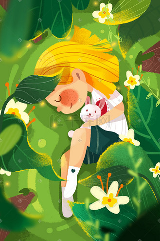 春天绿色治愈小清新女孩睡觉春困花朵