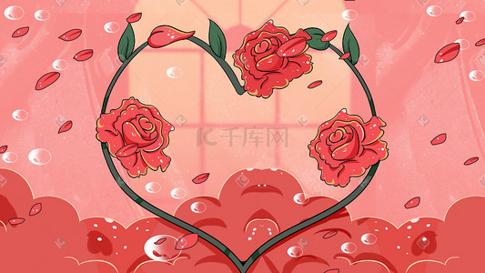 心形，金色心形，淘宝，情人节元素插画图片_玫瑰心形花环红色浪漫背景