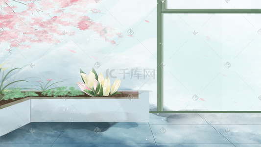 水静界地产别墅插画图片_别墅百合花清新室内背景