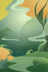 树植物插画图片_中国风绿色清新植物国潮祥云背景