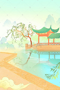 春山水插画图片_春天国潮风河边美景