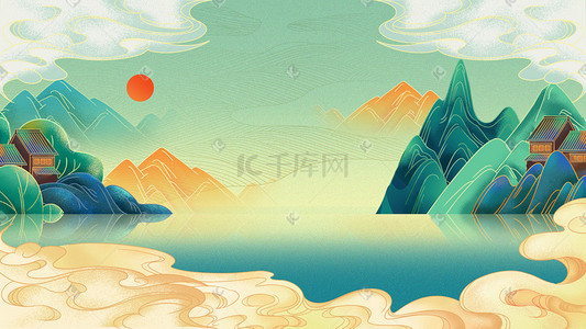 中国风手绘山水插画图片_国潮山水手绘工笔画