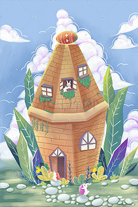 手绘云房子插画图片_复活节送蛋的兔子手绘插画