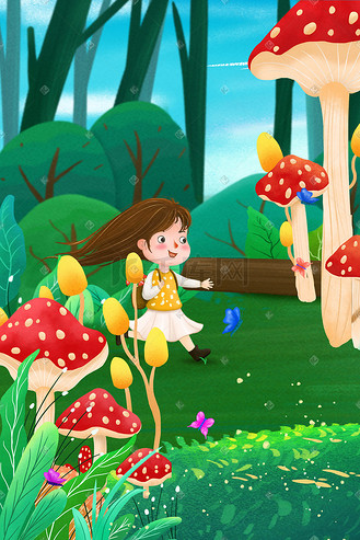 春季春天采蘑菇的小女孩