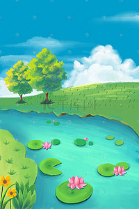 绿色的池塘插画图片_夏天的睡莲绿色的山岗