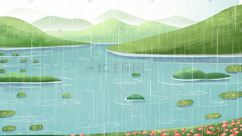 春雨谷雨湖边绿色治愈小清新雨景