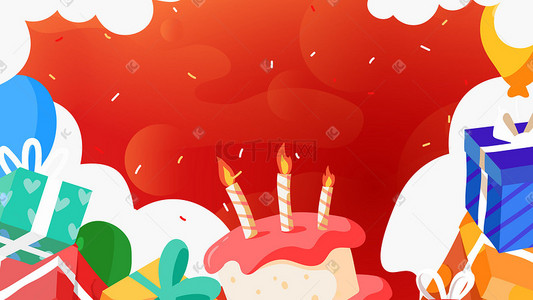 红色蛋糕插画图片_喜庆扁平节日生日快乐蛋糕礼物背景
