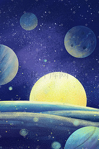 宇宙场景插画图片_蓝色星空治愈星球月亮星星唯美场景