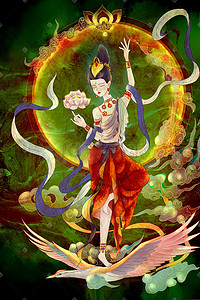 宗教文化仙鹤上的菩萨复古手绘插画