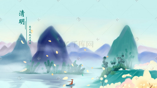 金线梨花插画图片_清明山水梨花飞荡图