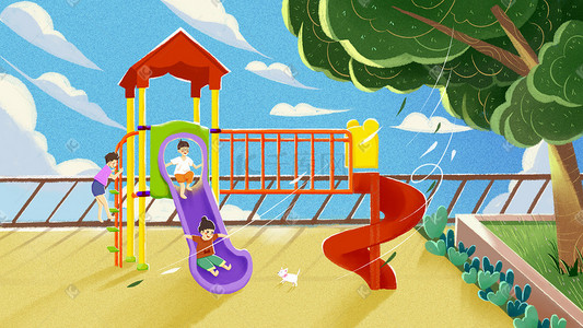 六一儿童节幼儿园小朋友玩滑梯手绘插画六一