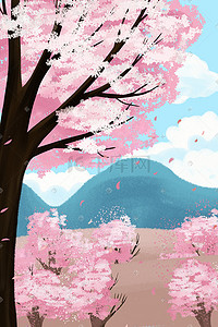 春季温馨插画图片_春天春季樱花粉色温馨治愈小清新旅游花朵花