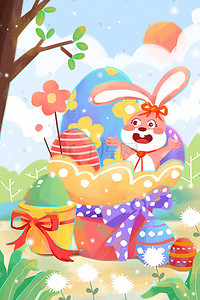 复活节插画图片_复活节兔子彩蛋插画