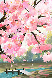 扬州风景插画图片_春天樱花三月下扬州风景背景花朵花