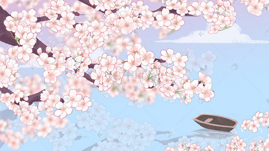 海花插画图片_樱花春天樱花节粉色唯美小船花朵花
