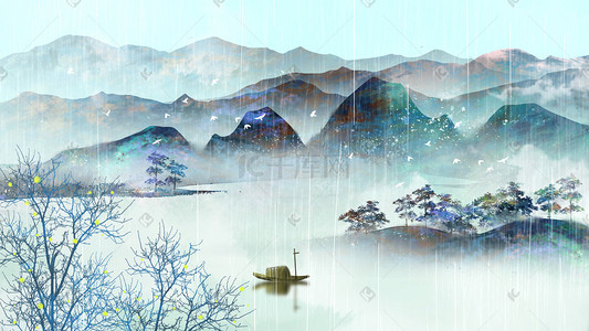 水墨山水春天插画图片_谷雨节气山水风景