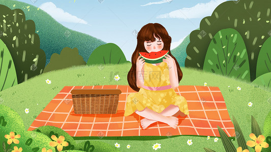 春季郊游卡通插画图片_小清新卡通治愈夏天少女野餐