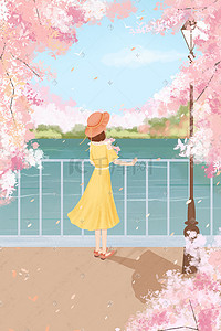 红毯栏杆插画图片_春天樱花女孩赏花唯美河边场景花朵花