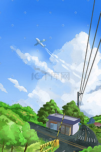 飞机小清新插画图片_春天的风景飞机房屋公路