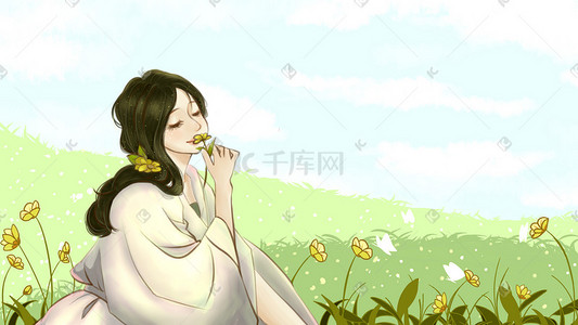 春花插画图片_春天谷雨春花美女晴天春色