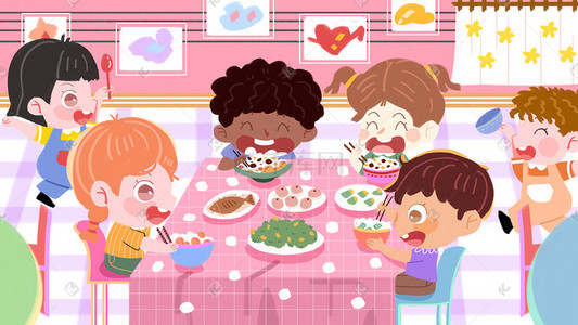 幼儿园展板插画图片_六一儿童节幼儿园幼稚园小朋友吃饭插画六一