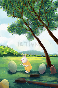 好戏开始啦插画图片_复活节彩蛋兔子场景插画