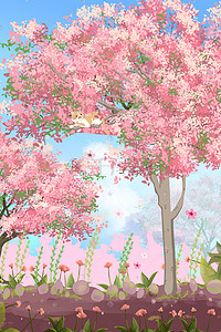 粉色植物花插画图片_春天粉色浪漫小清新樱花植物治愈景色花朵花