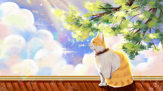 在小狗怀里的小猫插画图片_春天小猫嗮太阳阳光天空风景背景治愈