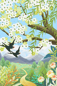春夏背景插画图片_燕子飞翔的春夏风景