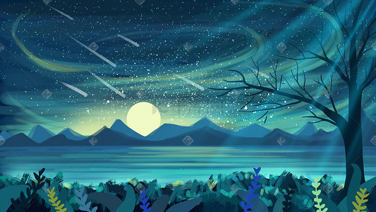 山川星空插画图片_月光下湖边的夜景