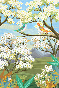 春暖花开风景鸟绘图