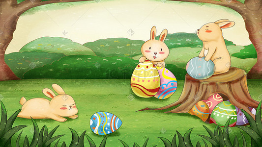 森林兔子插画图片_手绘复活节兔子彩蛋森林