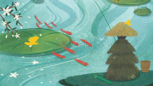 清明春天绿色小清新渔翁垂钓池塘荷叶