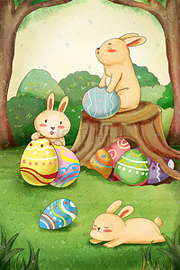 手绘复活节兔子彩蛋森林