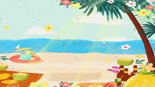 棕色的小海豚插画图片_夏天海边沙滩绿植小清新夏季景色蓝天