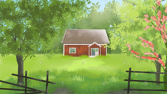 两层小房子插画图片_夏天日常乡村房子唯美风景