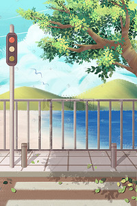 栏杆篱笆插画图片_夏天的街道红绿灯斑马线