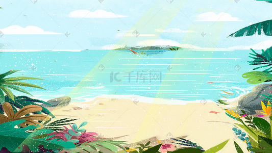 夏天海边沙滩绿植小清新蓝天白云景色