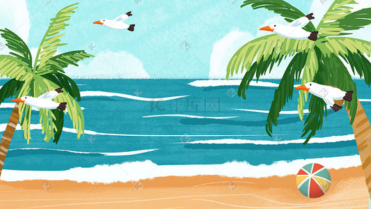 海边椰子树沙滩插画图片_夏天的海边椰子树