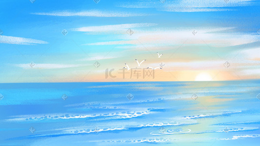 唯美初夏插画图片_夏日海边风景唯美海景浪漫