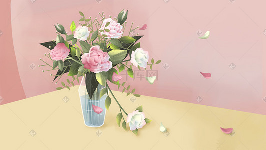 花瓶静物插画图片_桌子上的花瓶花朵开放
