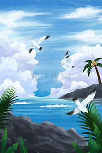 海浪椰树插画图片_海边的风景手绘插画