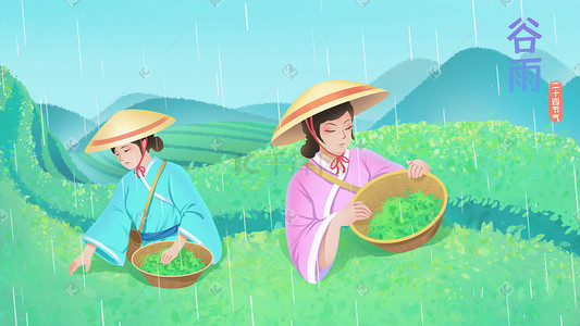 茶叶冲泡要发插画图片_谷雨春天下雨节气采茶茶山摘茶茶叶