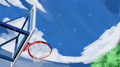 蓝色治愈小清新操场篮球框白云景色
