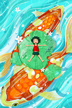 夏天童趣下雨荷叶鲤鱼插画