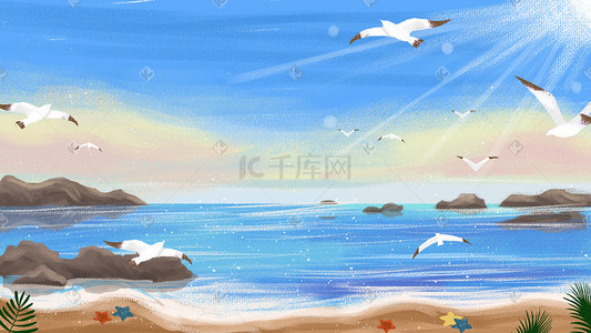 小清新夏天海边沙滩插画图片_夏日海边沙滩海鸥治愈小清新景色大暑