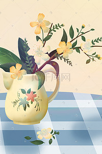 黄色方格子插画图片_春天花朵花桌子上的花瓶手绘插画